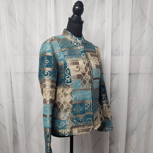 Dressbarn Jacket Blue Brown Embroidered Tapestry Patchwork Artsy Retro M - Picture 5 of 13